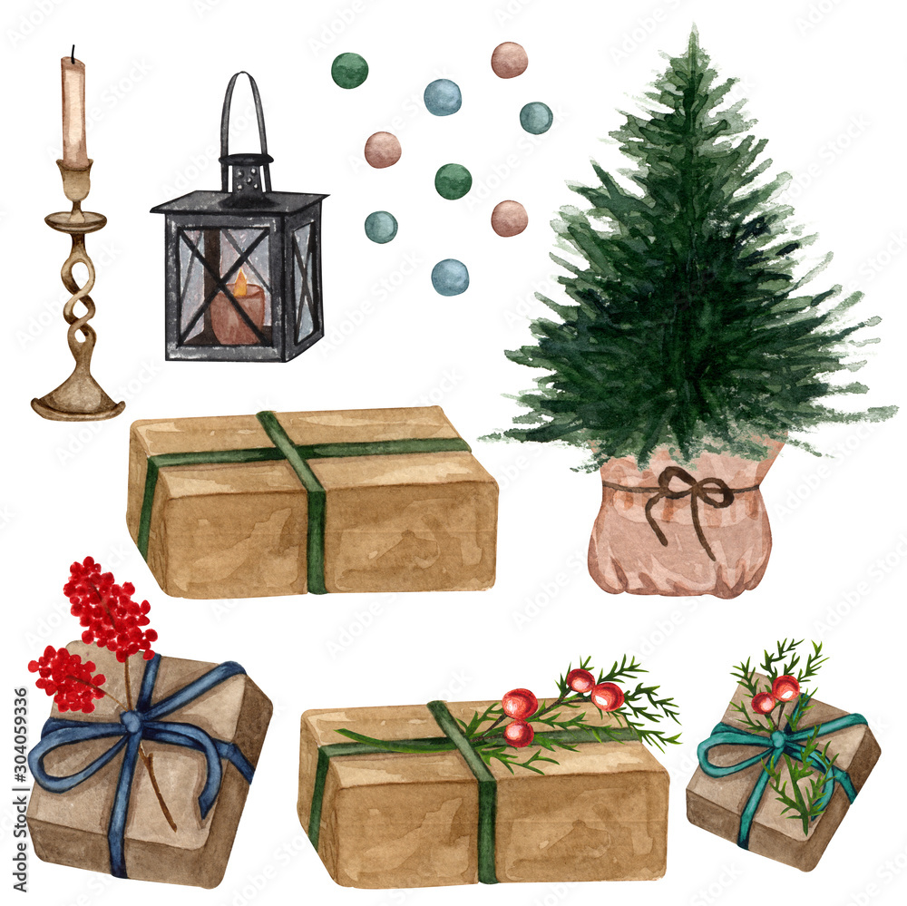 Christmas and New Year set. Watercolor christmas gifts and presents in craft  wrapping paper, Christmas tree and candles. Handpainted set with gift boxes  and evergreen tree . Illustration Stock