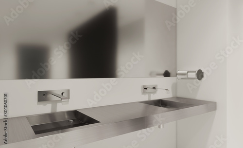 Large washbasin in a public toilet. Walls in black. Light background. 3D rendering