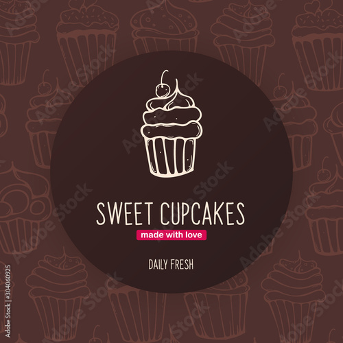 Cupcakes and Cakes banner with sketches hand drawing background.