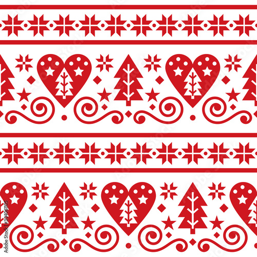 Scandinavian Christmas folk seamless vector pattern, repetitive floral cute Nordic design with Christmas trees, snowflakes and hearts in red on white background