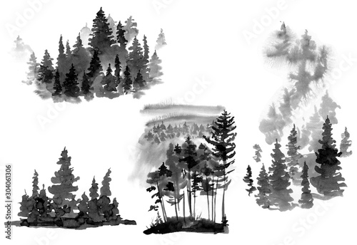 Set of Black and White Watercolor Silhouette of Conifer Tree, Monochrome Winter Woodland, Forest Landscape