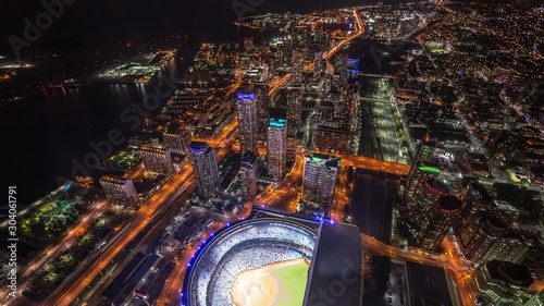 High angle view of Rogers Centre and Toronto waterfront area time lapse at night