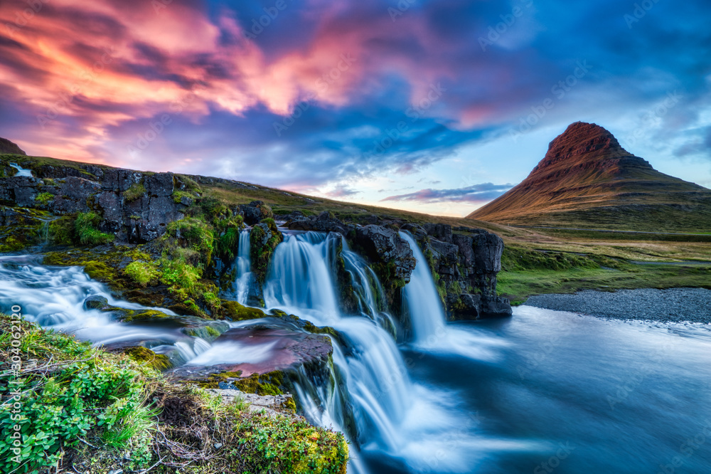 Iceland Landscape Summer Panorama, Kirkjufell Mountain at Sunset with Waterfall in Beautiful Light