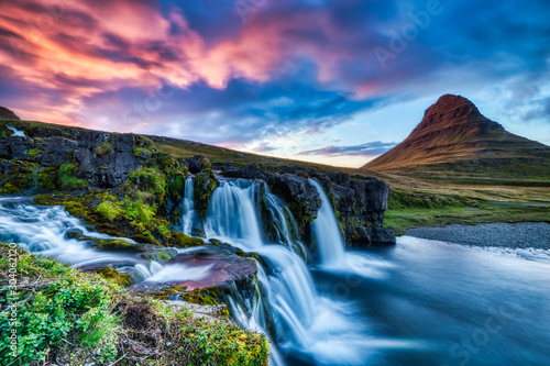 Iceland Landscape Summer Panorama  Kirkjufell Mountain at Sunset with Waterfall in Beautiful Light