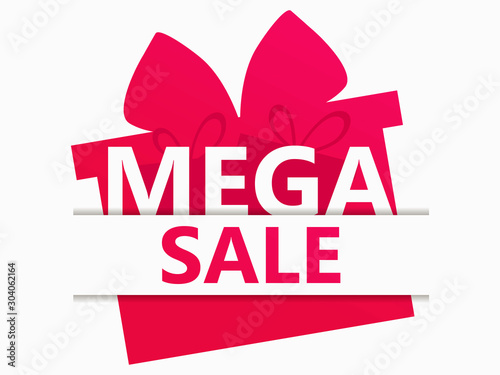 Mega sale banner with gift box and ribbon, template design isolated on white background. Sticker with a gradient. Vector illustration