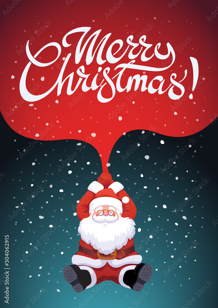 Santa Claus falling on night dark blue sky background holding red bag with sign Merry Christmas snow falling Santa Claus falling on night dark blue sky background holding red bag with sign Merry Christmas snow falling