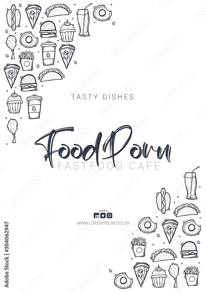FastFood banner with tasty dishes. Burger, French Fries, Soft Drinks and Coffee. Hand draw doodle background.