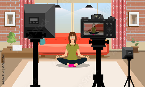 Young woman making vlog or video blogger making live stream video on yoga or fitness concept at home interior. Vector illustration.