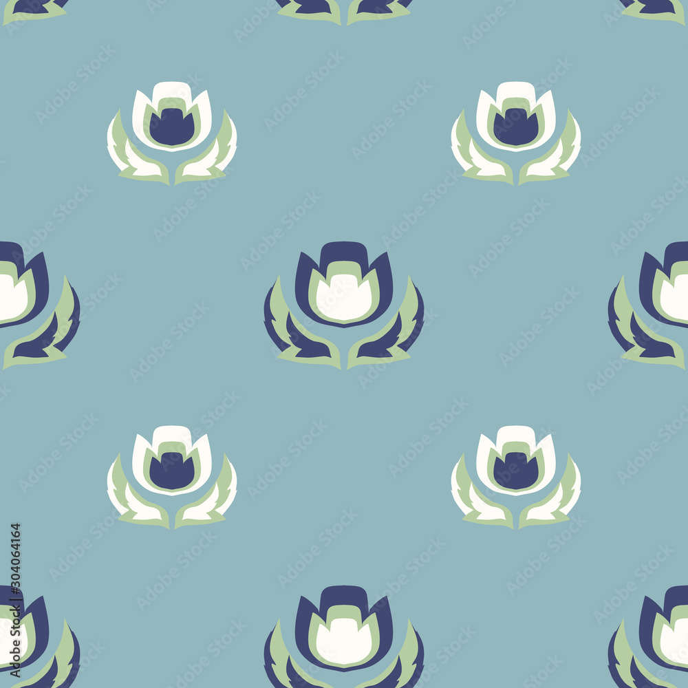 Vector Modern Folk Tulips in Pastel Greens seamless pattern background. Vector Modern Folk Tulips in Pastel Greens seamless pattern background.