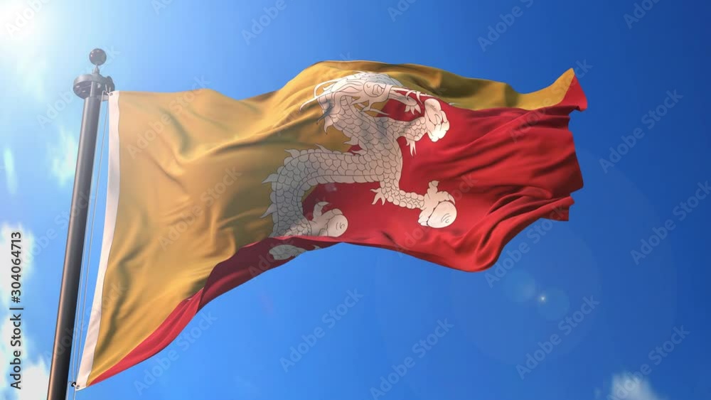 Bhutan animated flag in the wind with blue sky in the background, green screen, blue screen or isolated background and the flag on the full background, all in one animated flag pack.