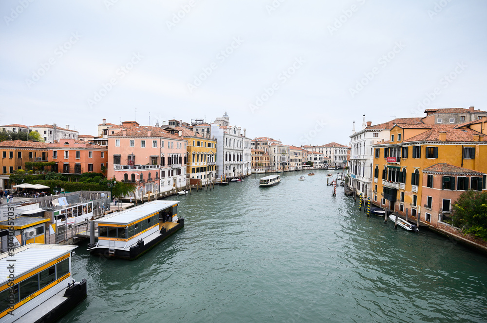 09.10.2019 Venice, Italy, the Grand Canal with a vaporetto, taxi or gondola.