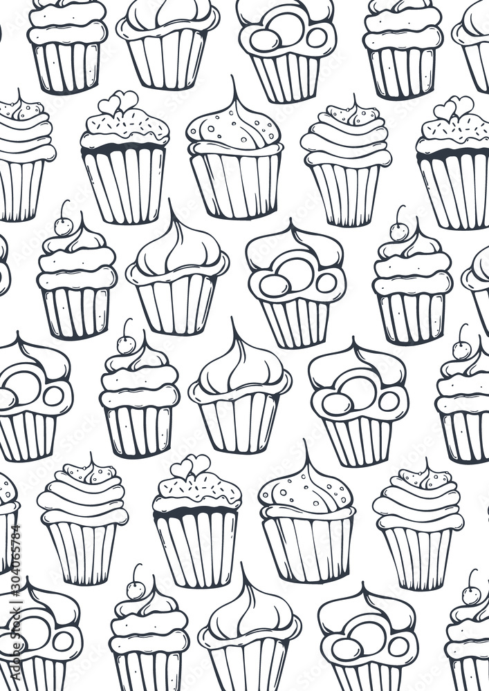 Sketches Cupcakes Background. Birthday cakes, desserts, hand drawing style. Sketches Cupcakes Background. Birthday cakes, desserts, hand drawing style.