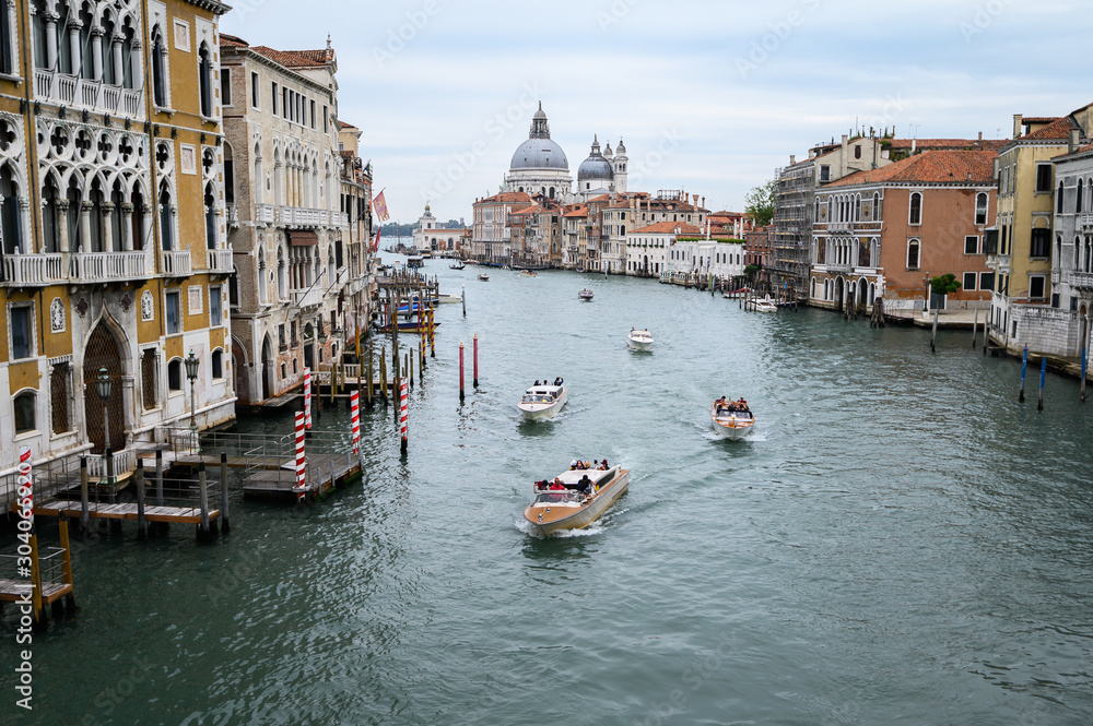 09.10.2019 Venice, Italy, Ariel view on the Grand Canal with motorboat taxis.