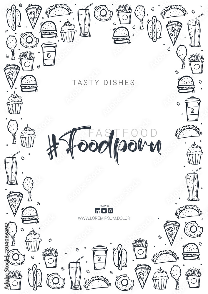 FoodPorn banner with FastFood dishes. Burger, French Fries, Soft Drinks and Coffee. Hand draw doodle background.