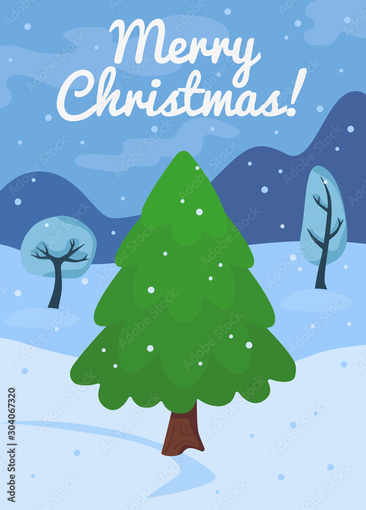 Cartoon Christmas tree card template. New year celebration concept with green pine and snow. Winter landscape background with december fir symbol flat vector illustration.