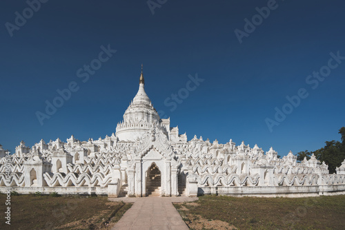 Panorama view of Hsinbyume or Myatheindan Pagoda at Mingun city near Mandalay. Amazing tourist attraction in Myanmar (Burma)