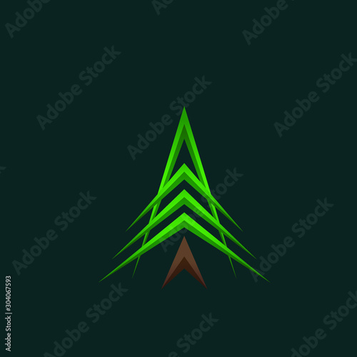 Futuristic christmas tree logotype with arrow formed elements. Fir tree, x mas symbol logo on dark background for printing on product during festive holiday season in winter. illustration vector