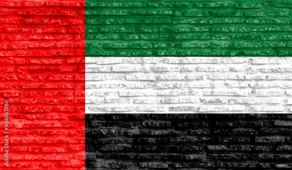 Colorful painted national flag of United Arab Emirates on old brick wall. Illustration.