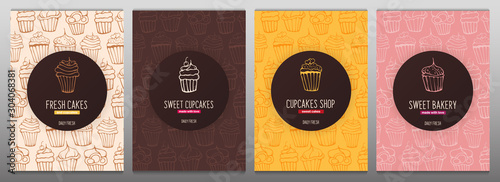 Cupcakes and Cakes banner with sketches hand drawing background.