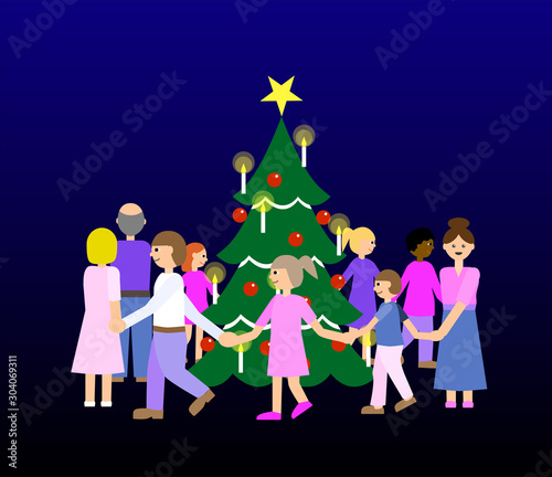 Traditional Christmas dance around the Christmas tree with the family. . 