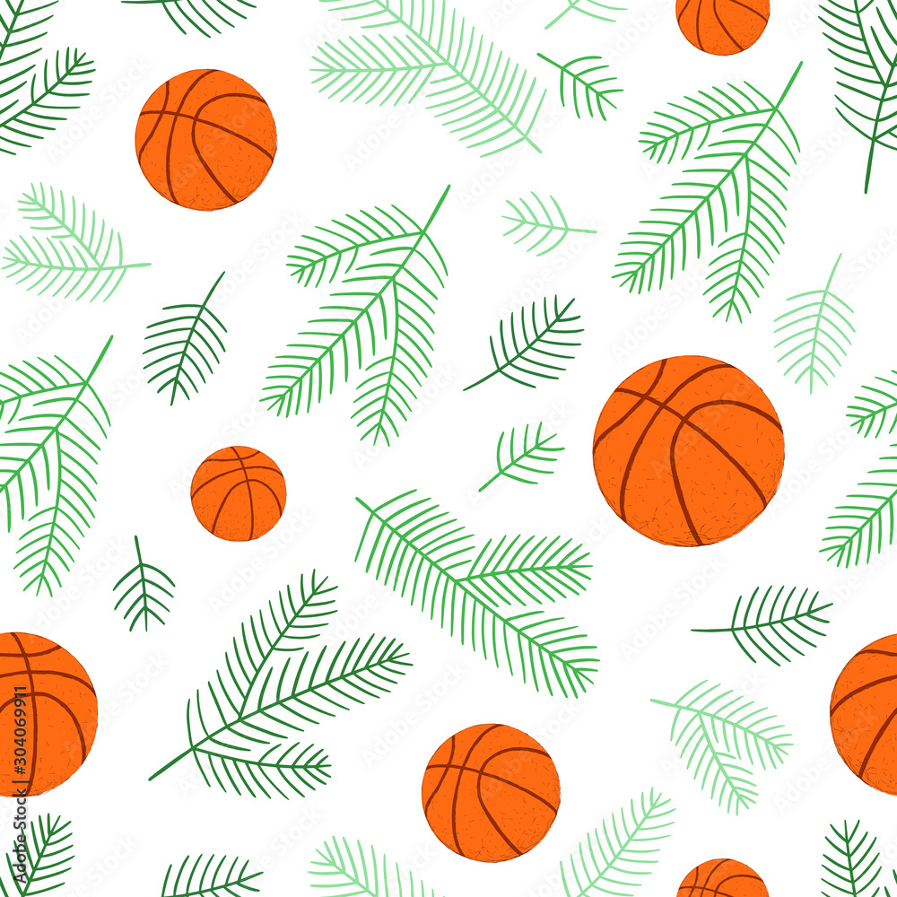 Christmas seamless background with basketball balls and fir shawls. White green and orange dominate. Can be used for postcards, invitations, advertising, web, textile and other.