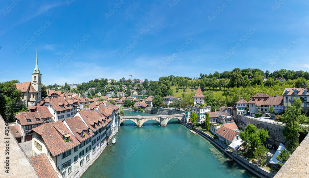 Panoramic view of Bern with the bridge Untertor Bridge over Aare River, Bern, Switzerland