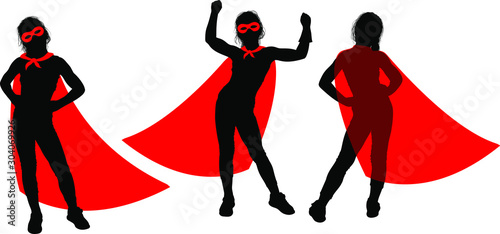 Black Silhouette of a strong superhero supergirl in a fluttering red cloak on a white background