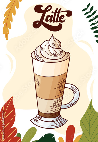 Latte. Winter or autumn drink for your design. Hand drawn sketch for christmas template. Vector illustration