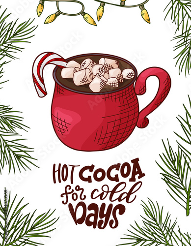 Winter or autumn drink for your design with lettering. Hand drawn sketch for christmas template. Vector illustration
