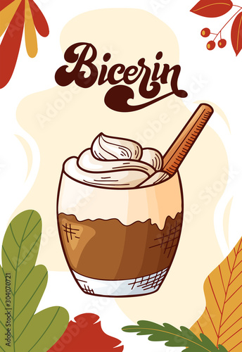 Bicerin. Cup of hot drink for christmas menu. Colorful collection. Hand drawn vector illustration