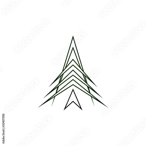Futuristic christmas tree logotype with arrow formed elements. Fir tree, x mas symbol logo for printing on product during festive holiday season in winter. Line art illustration vector