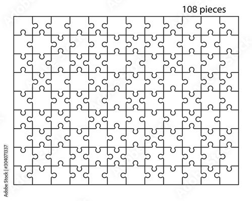 Puzzles grid. Jigsaw puzzle 108 pieces, thinking game and 9x12 jigsaws detail frame