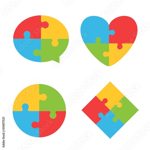 Logo template set with colorful mind puzzles piece and jigsaws details. Circle, heart, talking bubble and rhomb shapes
