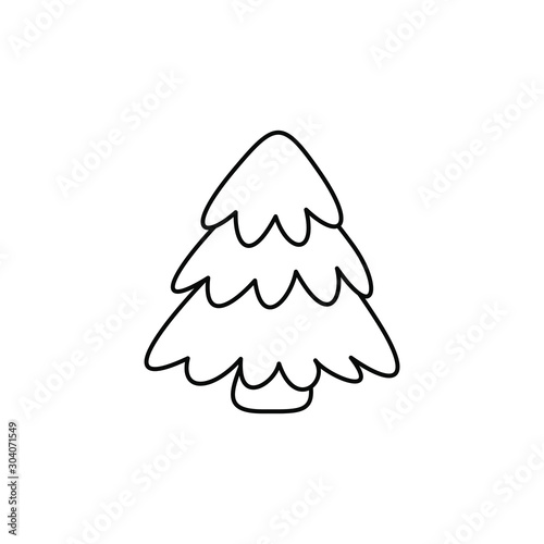 Simple line art christmas tree. X mas illustration icon of traditional festive symbol of the winter holiday seasonal event during new year. Unpainted for coloring book or page for children and kids. 