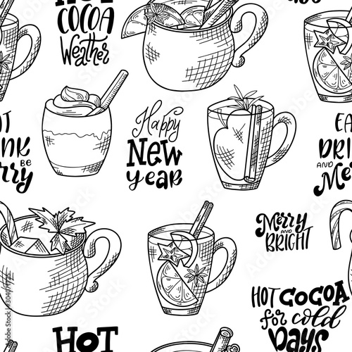 Seamless pattern with hand drawn hot drinks. Sketch winter elements. Holiday christmas vector illustration