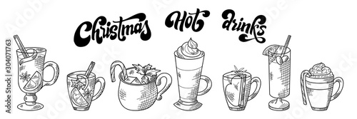 Set of hot winter drinks. Hand drawn sketch. Eggnog, latte, chocolate, grog, bicerin, cider. Christmas vector illustration