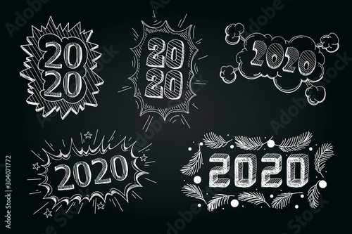 Set of numbers 2020 hand drawn. Comic book explosion elements design. 