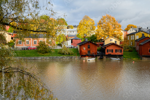 Beautiful autumn view of the river and the old town. Porvoo, Finland.
