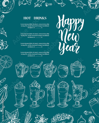 Christmas menu with hand drawn hot drinks. Sketch decoration for your design. Brush modern calligraphy. Vector illustration