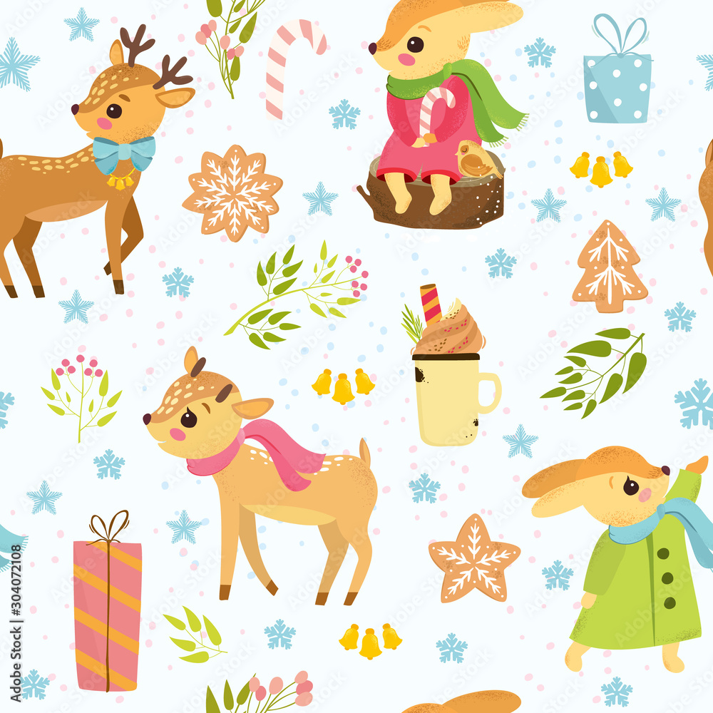 Obraz premium Cute vector seamless Christmas pattern with deers and hares, gingerbread cookies, gifts, snowfall. New Year for little children