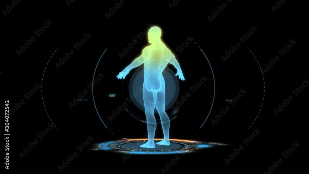 Transparent video animation of Human body scan rotation futuristic holographic 3d HD 4k UHD Alpha Channel footage