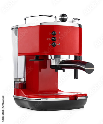 Foto Stylish red coffee machine isolated on white background