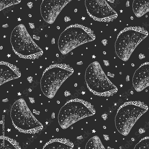 Cute seamless monochrome pattern with white outline sketch mexican taco on black background. Cartoon pop art tacos, stars and dots texture for fast food textile, wrapping paper, package, menu banners