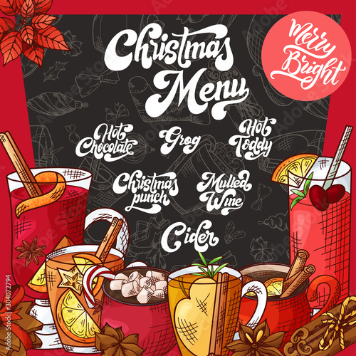 Hand drawn hot drinks. Menu Christmas design. Template with brushlettering. Winter sketch style. Vector illustration