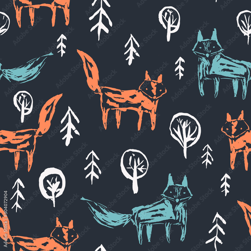 Dark seamless pattern with cute sketchy orange foxes and blue wolfs in white snowy fir forest on black. Cute woodland animals ink hand drawn texture for kids design, wallpaper, textile, wrapping paper