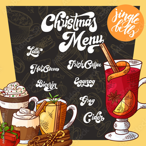 Christmas menu with hand drawn hot drinks. Sketch decoration for your design. Brush modern calligraphy. Vector illustration