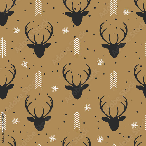 Christmas seamless pattern with reindeer background, Winter pattern with deer, wrapping paper, pattern fills, winter greetings, web page background, Christmas and New Year greeting cards