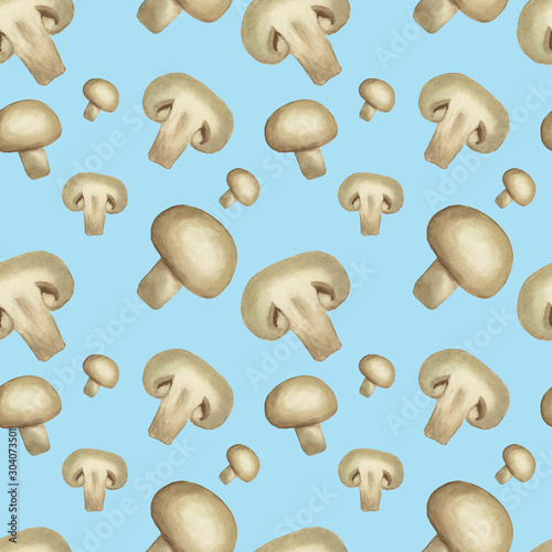 Seamless watercolor pattern with champignon. Vegetable background with realistic mushrooms. Perfect for menu, textile design and decoration