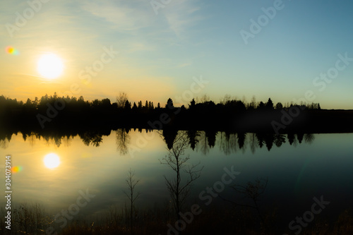 Beautiful sunset on river Kymijoki at autumn, Finland.