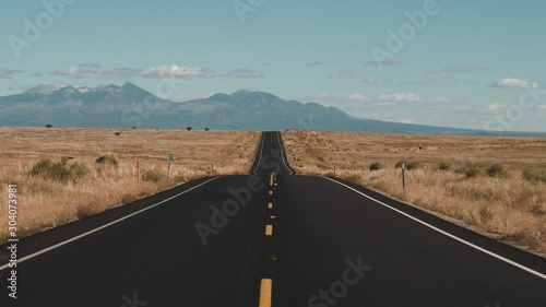 Driving On Road Going Into Distance Through Desert On Background Of Mountains